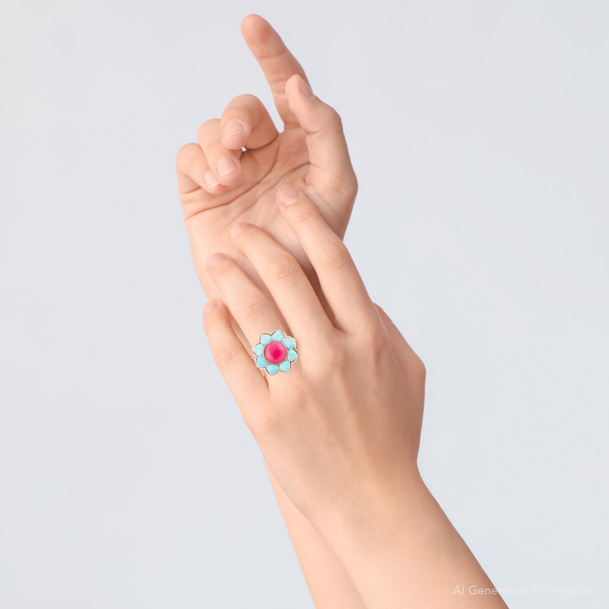Blue Turquoise and Red Quartz Flower Golden Ring | Rings | Wiccan Center