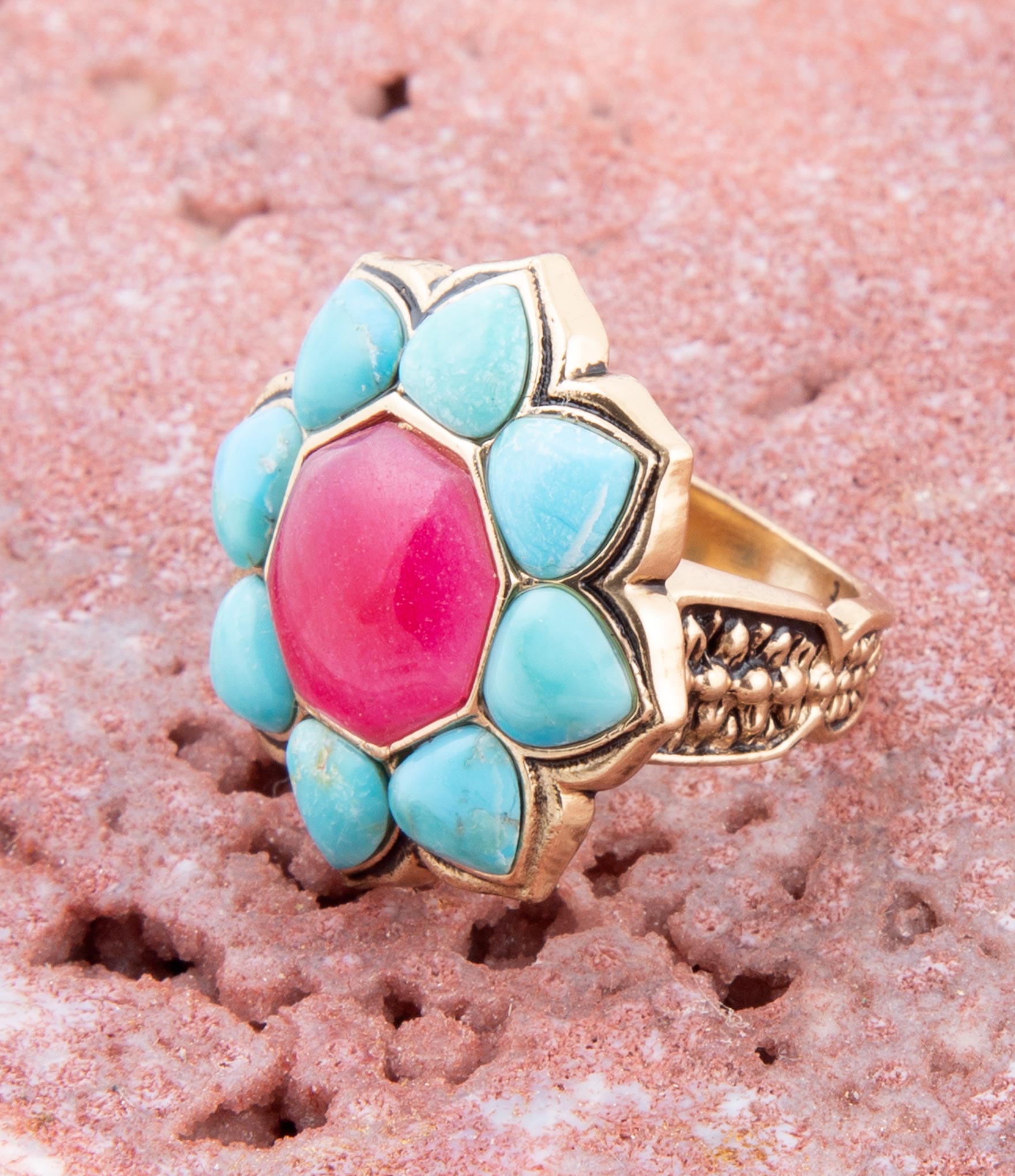 Blue Turquoise and Red Quartz Flower Golden Ring | Rings | Wiccan Center