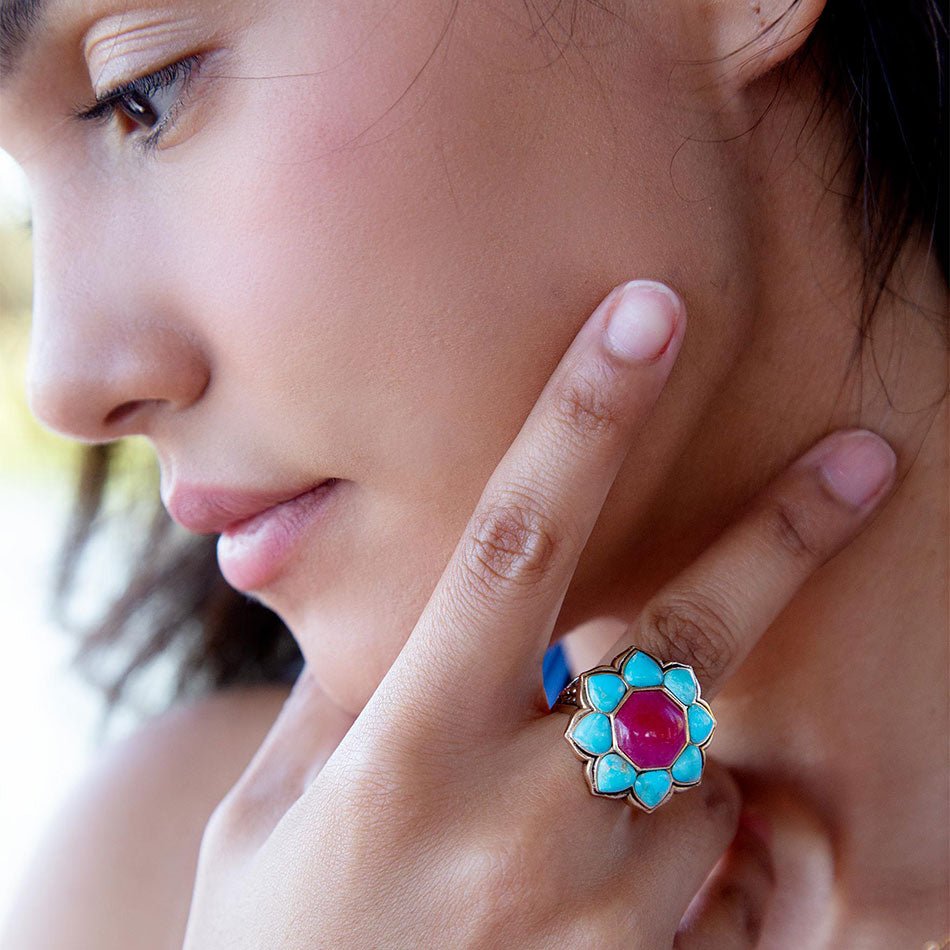 Blue Turquoise and Red Quartz Flower Golden Ring | Rings | Wiccan Center