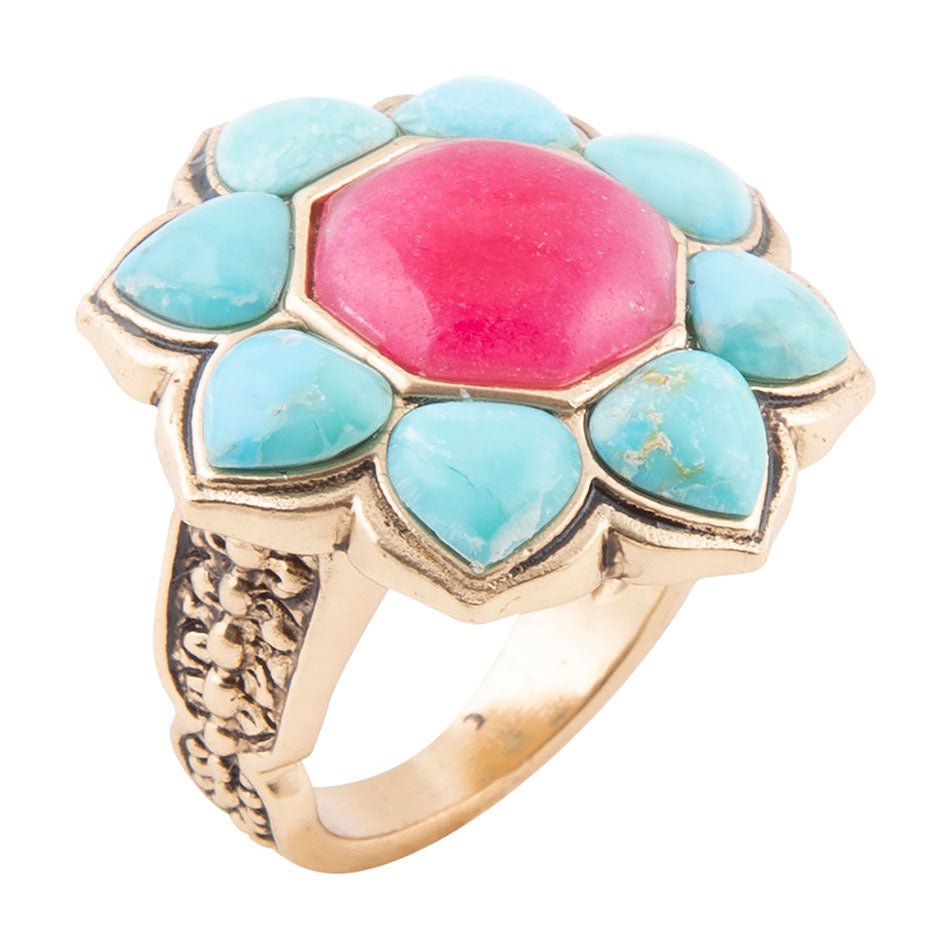Blue Turquoise and Red Quartz Flower Golden Ring | Rings | Wiccan Center