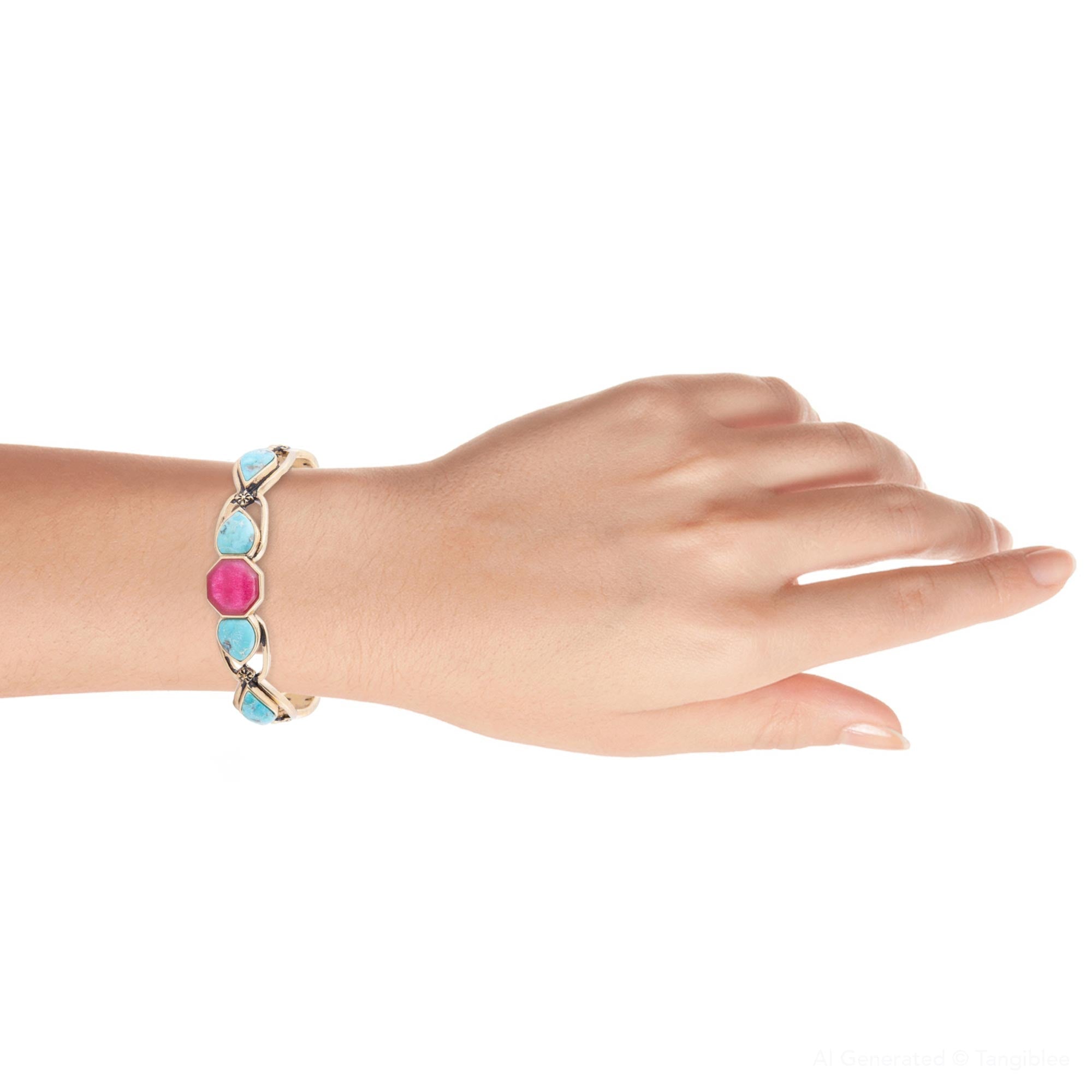 Blue Turquoise and Red Quartz Golden Cuff Bracelet | Bracelets | Wiccan Center