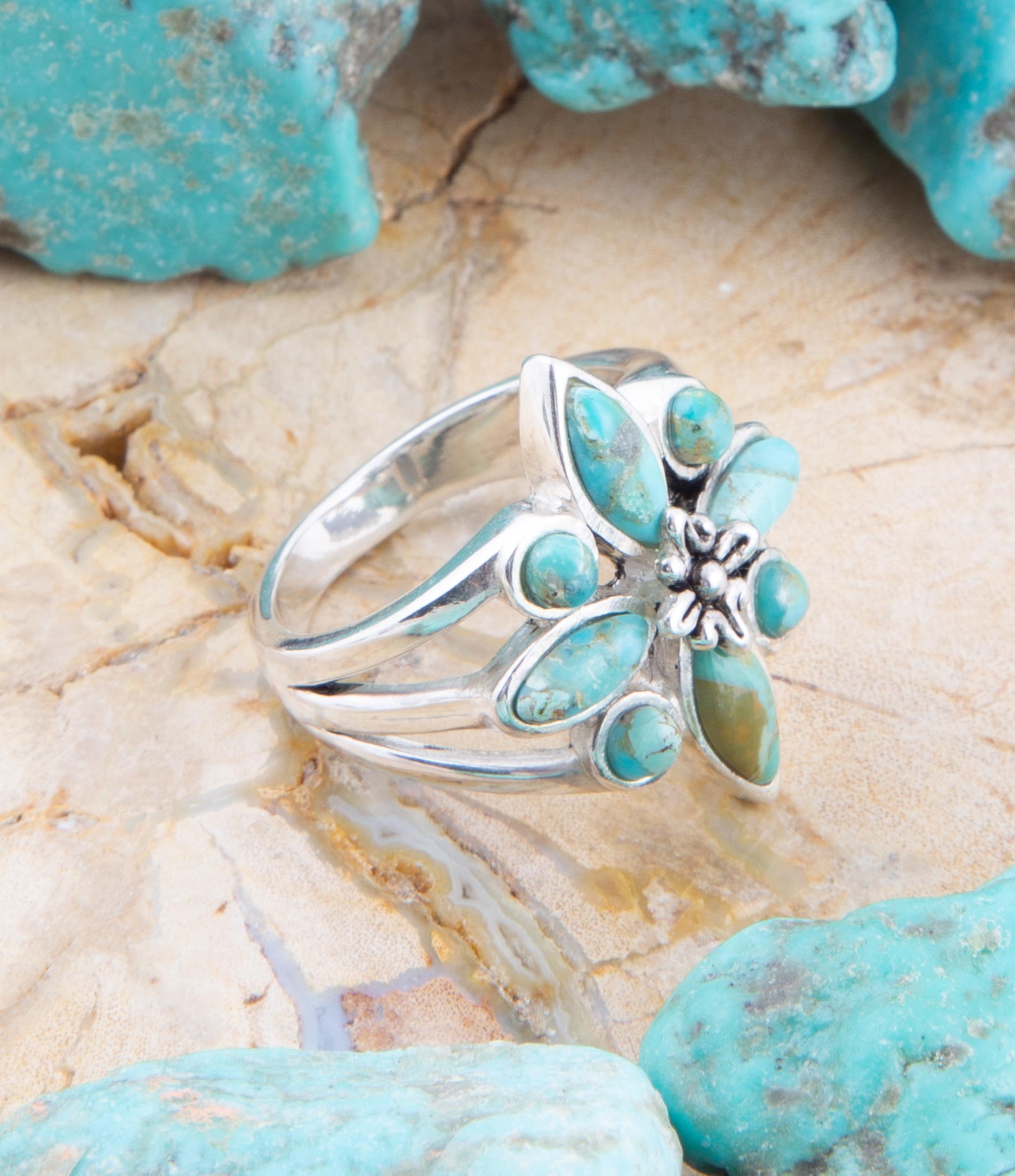 Floral Blue Turquoise and Sterling Silver Statement Ring | Rings | Wiccan Center