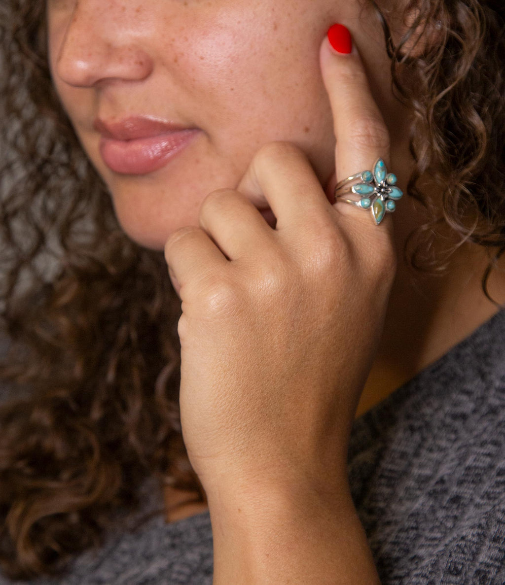Floral Blue Turquoise and Sterling Silver Statement Ring | Rings | Wiccan Center