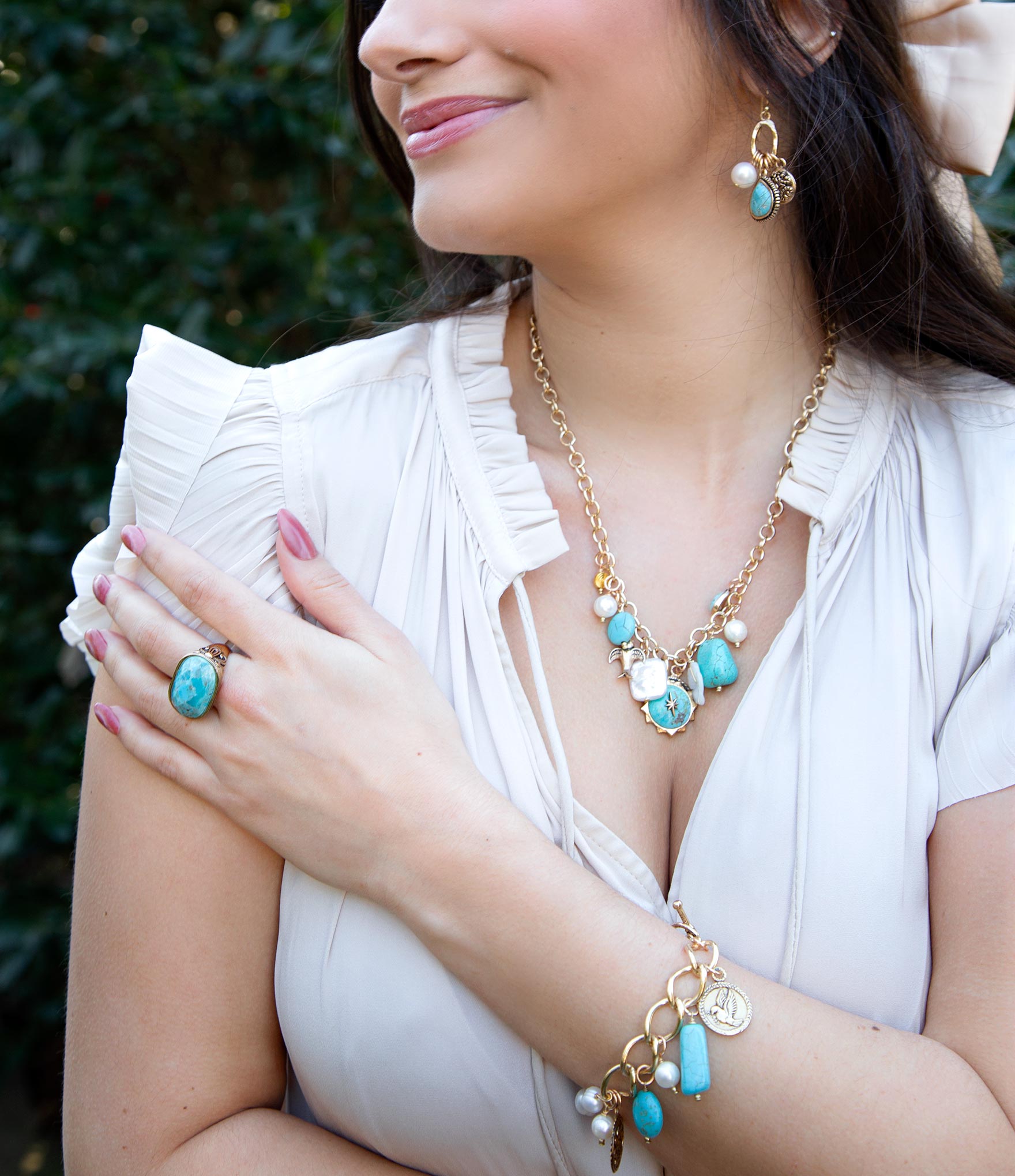 Blue Turquoise and White Pearl Multi Charm Golden Necklace | Necklaces | Wiccan Center
