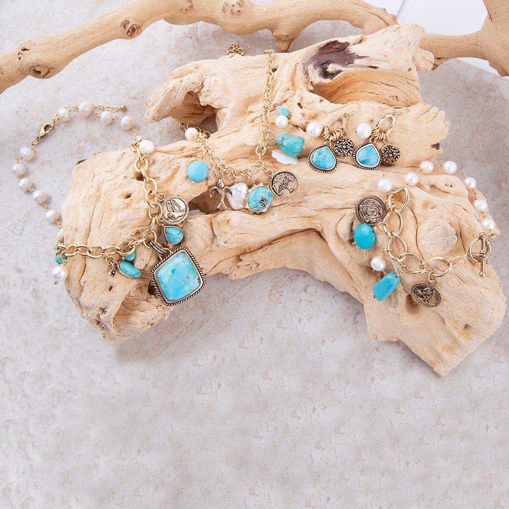 Blue Turquoise and White Pearl Multi Charm Golden Necklace | Necklaces | Wiccan Center