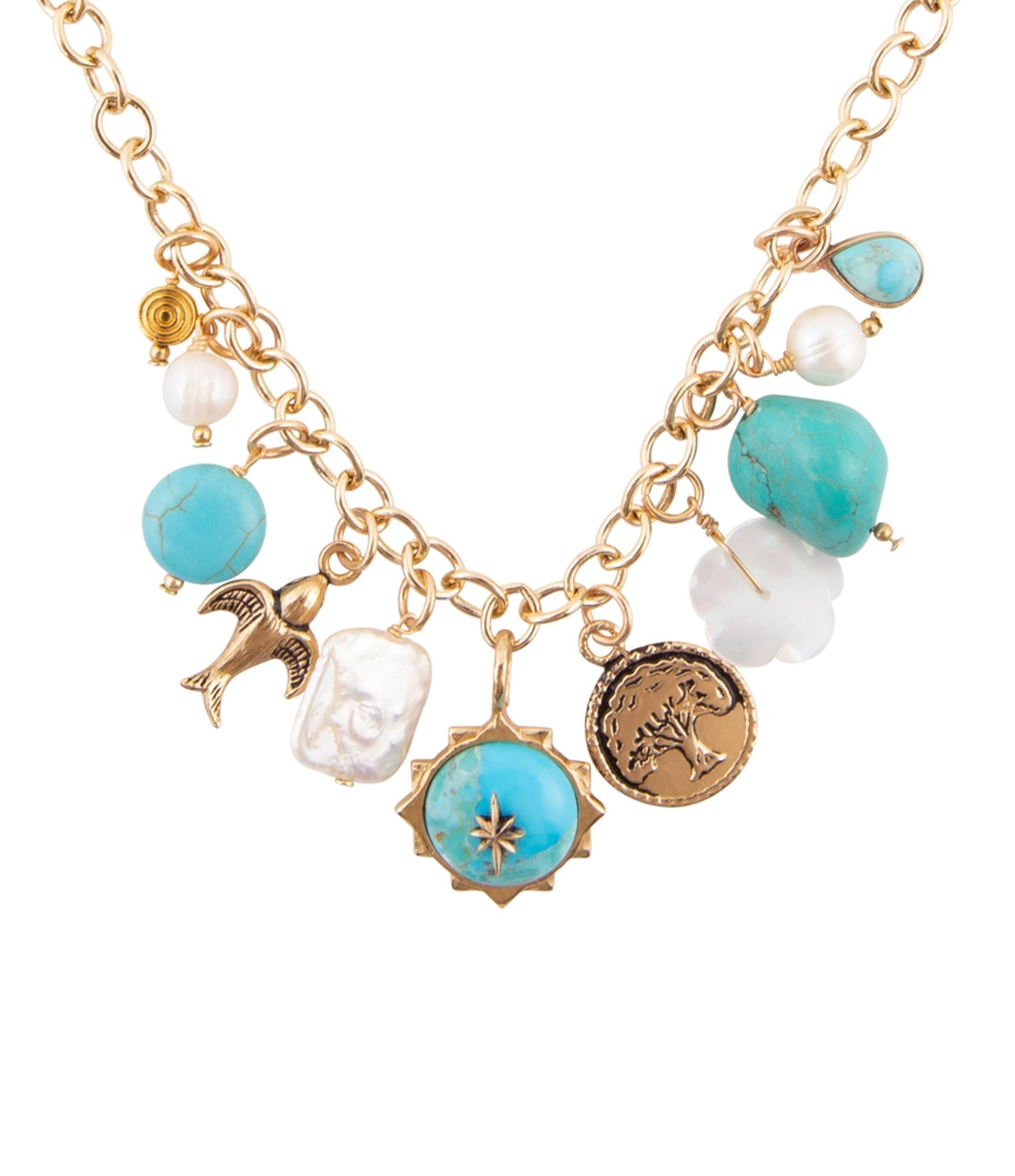 Blue Turquoise and White Pearl Multi Charm Golden Necklace | Necklaces | Wiccan Center