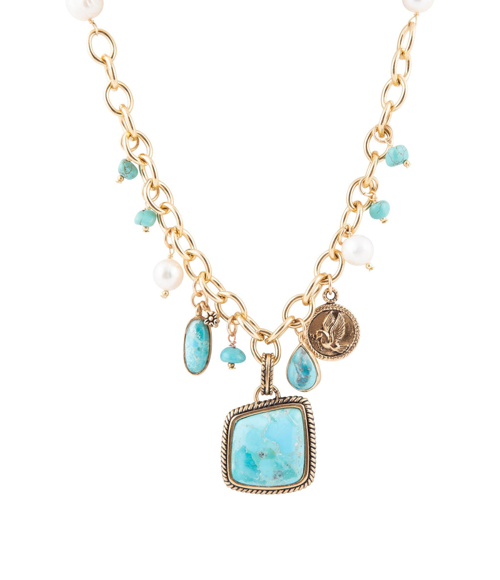 Blue Turquoise and White Pearl Multi Pendant Golden Necklace | Necklaces | Wiccan Center