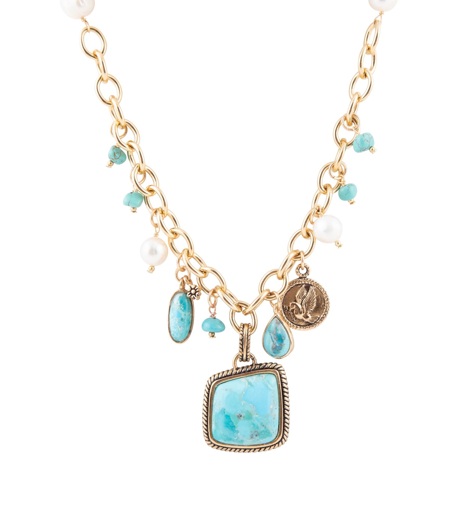 Blue Turquoise and White Pearl Multi Pendant Golden Necklace | Necklaces | Wiccan Center