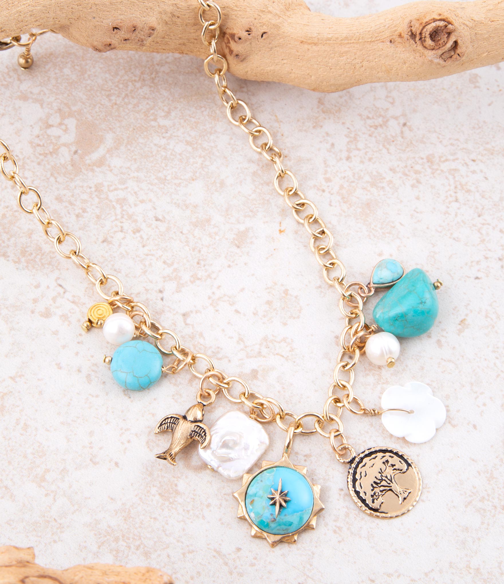 Blue Turquoise and White Pearl Multi Charm Golden Necklace | Necklaces | Wiccan Center
