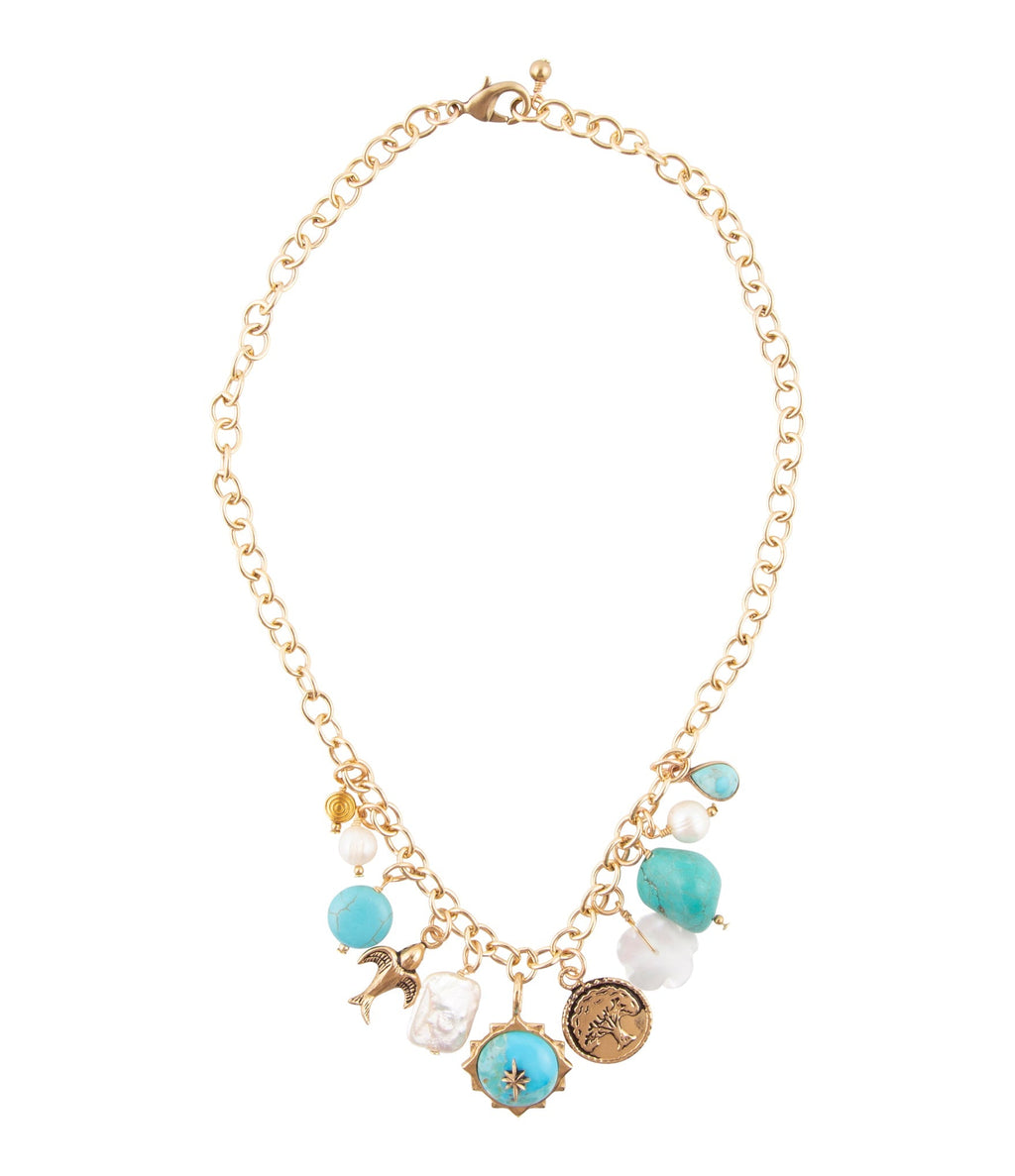 Blue Turquoise and White Pearl Multi Charm Golden Necklace | Necklaces | Wiccan Center