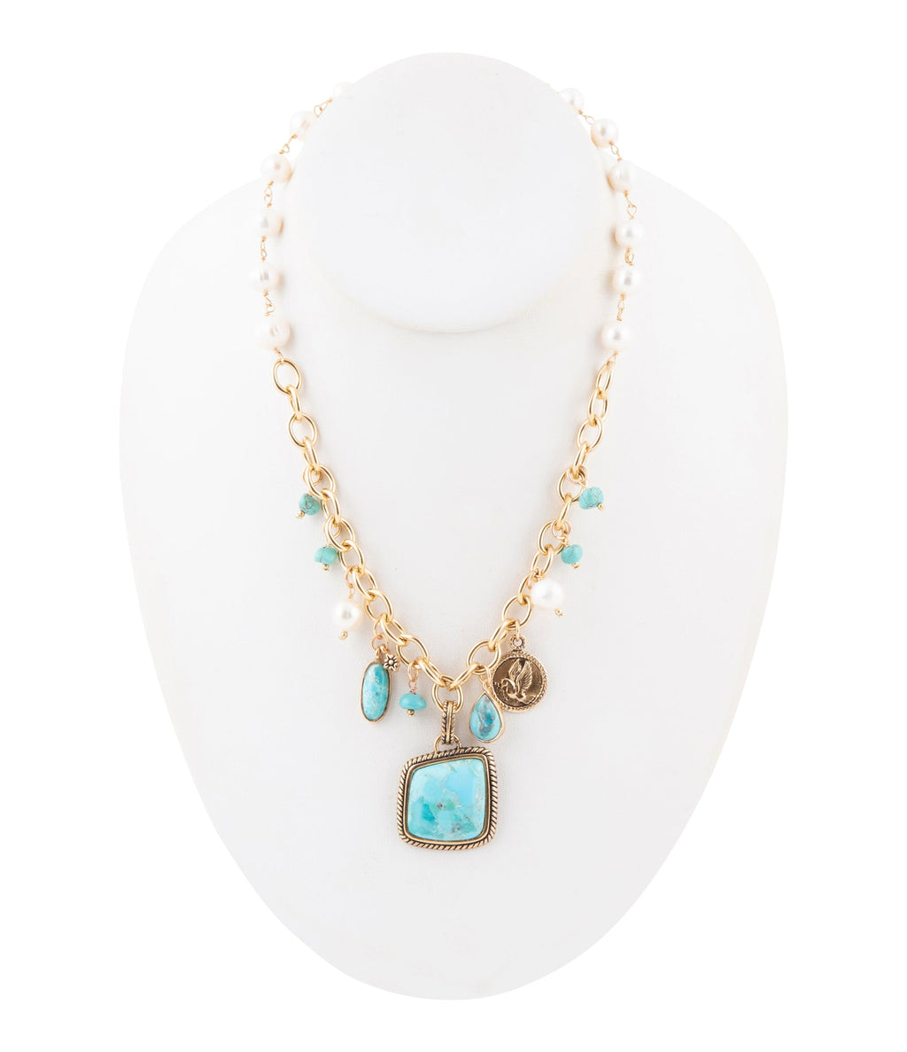 Blue Turquoise and White Pearl Multi Pendant Golden Necklace | Necklaces | Wiccan Center