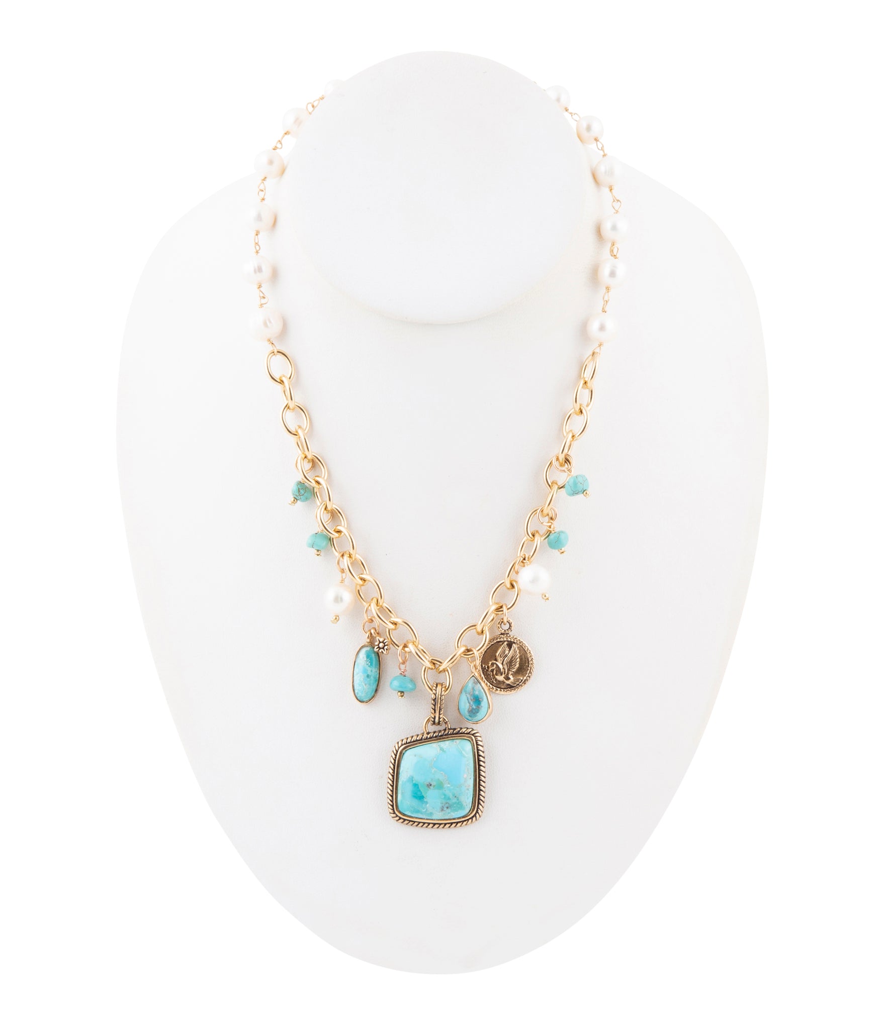 Blue Turquoise and White Pearl Multi Pendant Golden Necklace | Necklaces | Wiccan Center