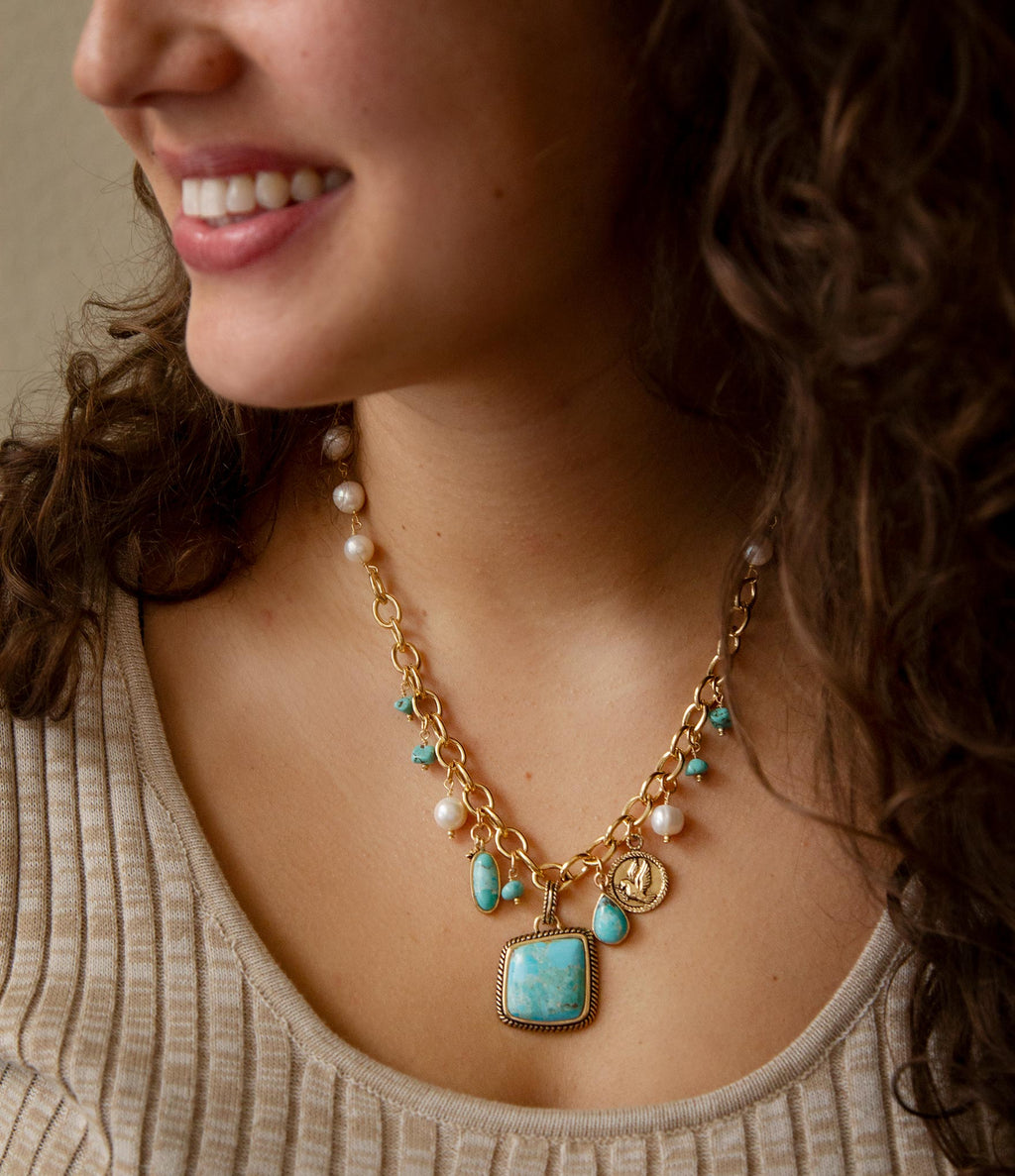Blue Turquoise and White Pearl Multi Pendant Golden Necklace | Necklaces | Wiccan Center
