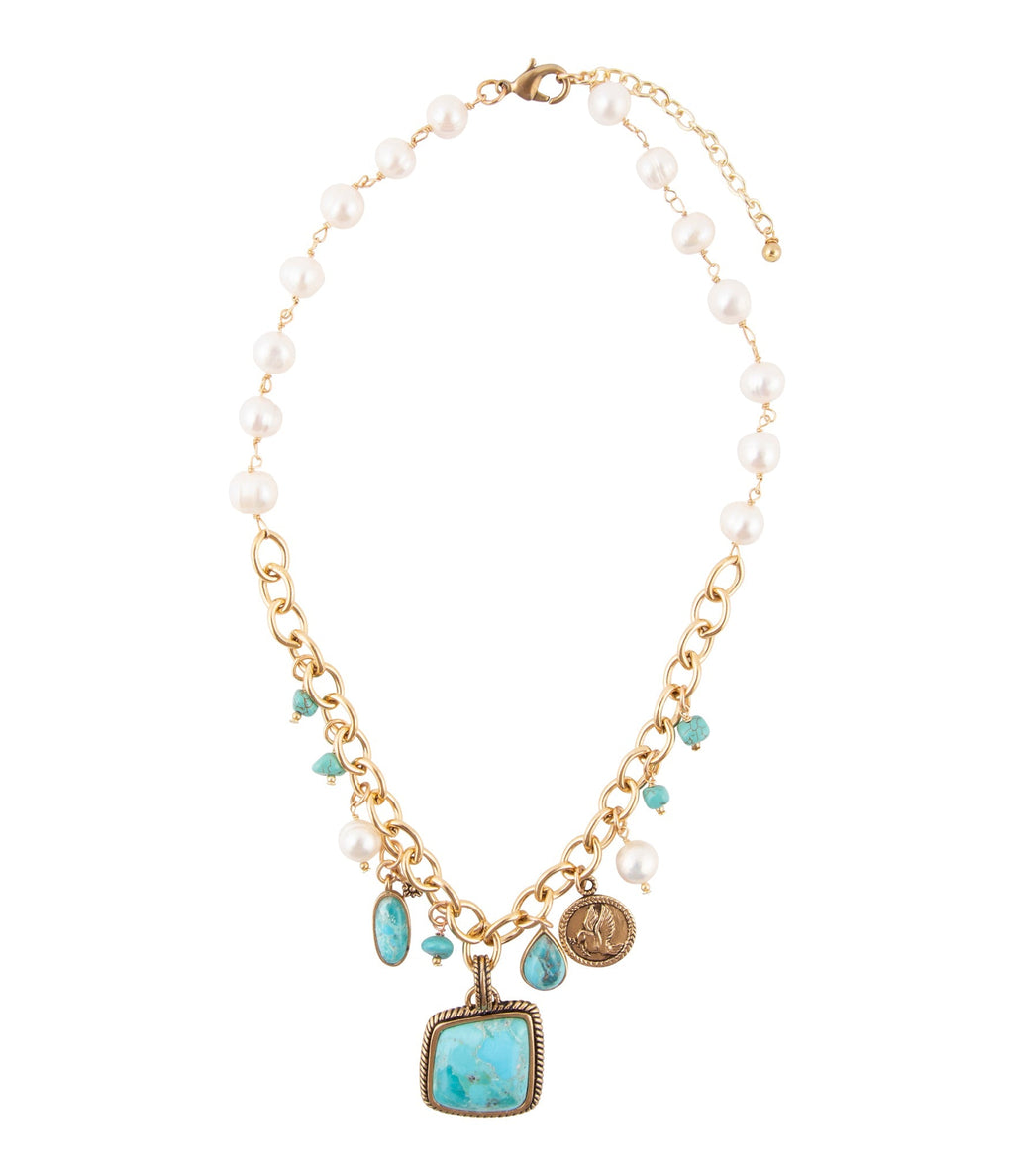 Blue Turquoise and White Pearl Multi Pendant Golden Necklace | Necklaces | Wiccan Center
