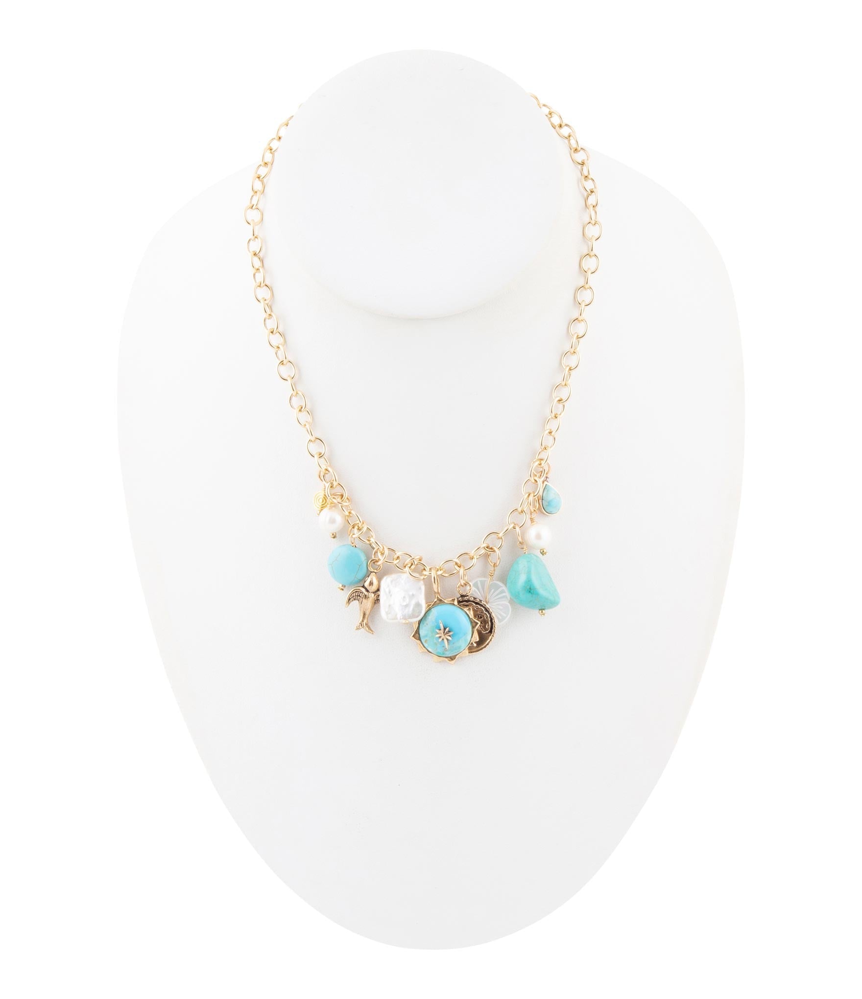 Blue Turquoise and White Pearl Multi Charm Golden Necklace | Necklaces | Wiccan Center