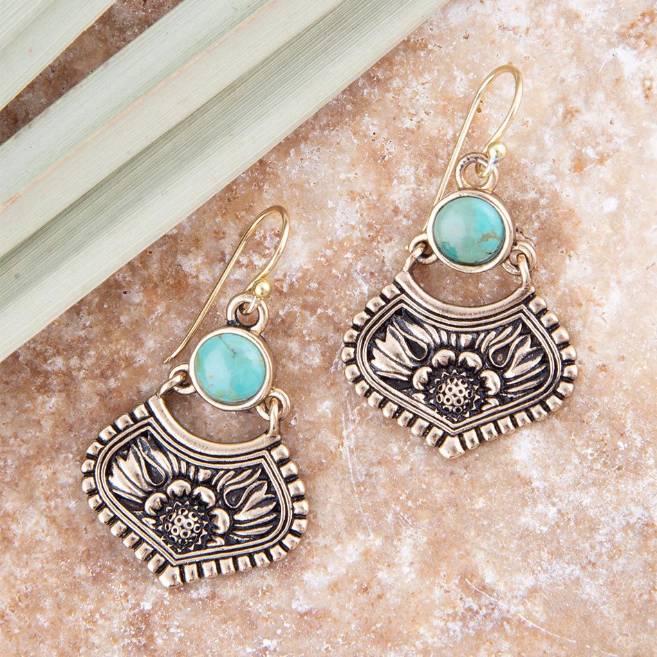 Blue Turquoise Flourish Golden Drop Earrings | Earrings | Wiccan Center