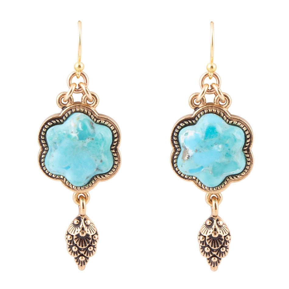 Blue Turquoise Flower Golden Drop Earrings | Earrings | Wiccan Center