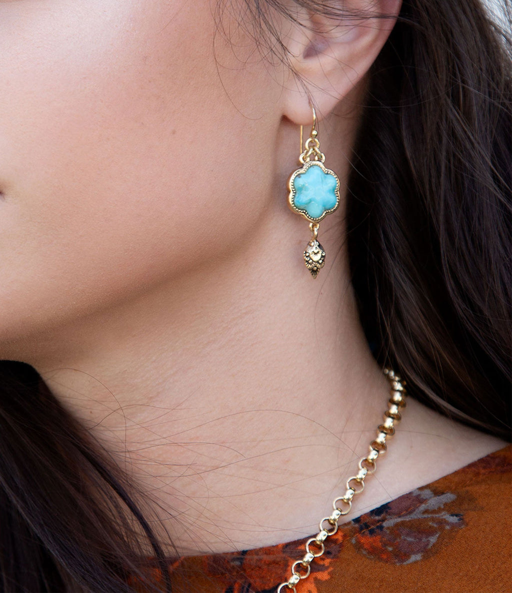 Blue Turquoise Flower Golden Drop Earrings | Earrings | Wiccan Center
