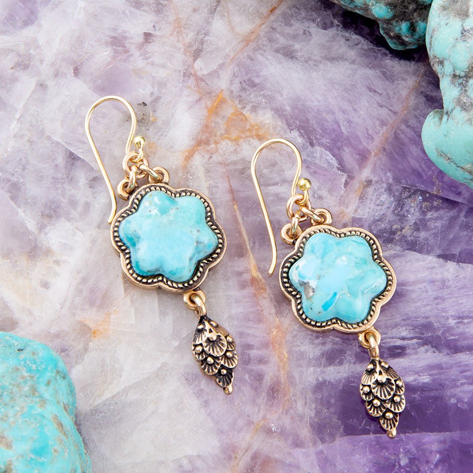 Blue Turquoise Flower Golden Drop Earrings | Earrings | Wiccan Center