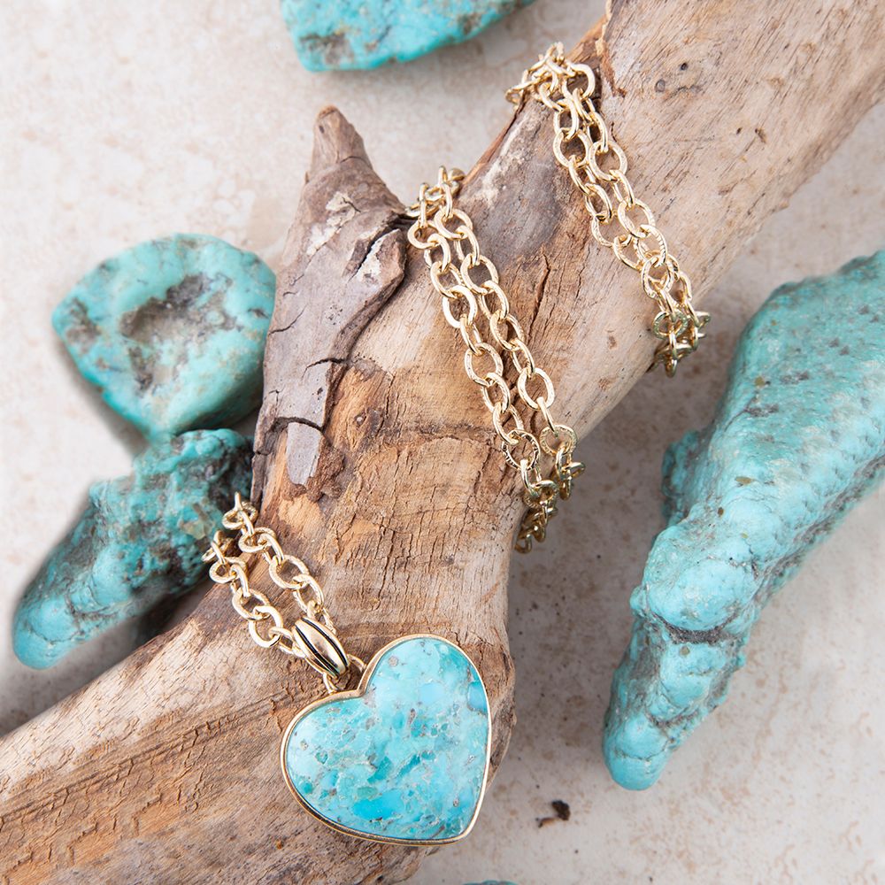 Blue Turquoise Heart Pendant Golden Necklace | Necklaces | Wiccan Center