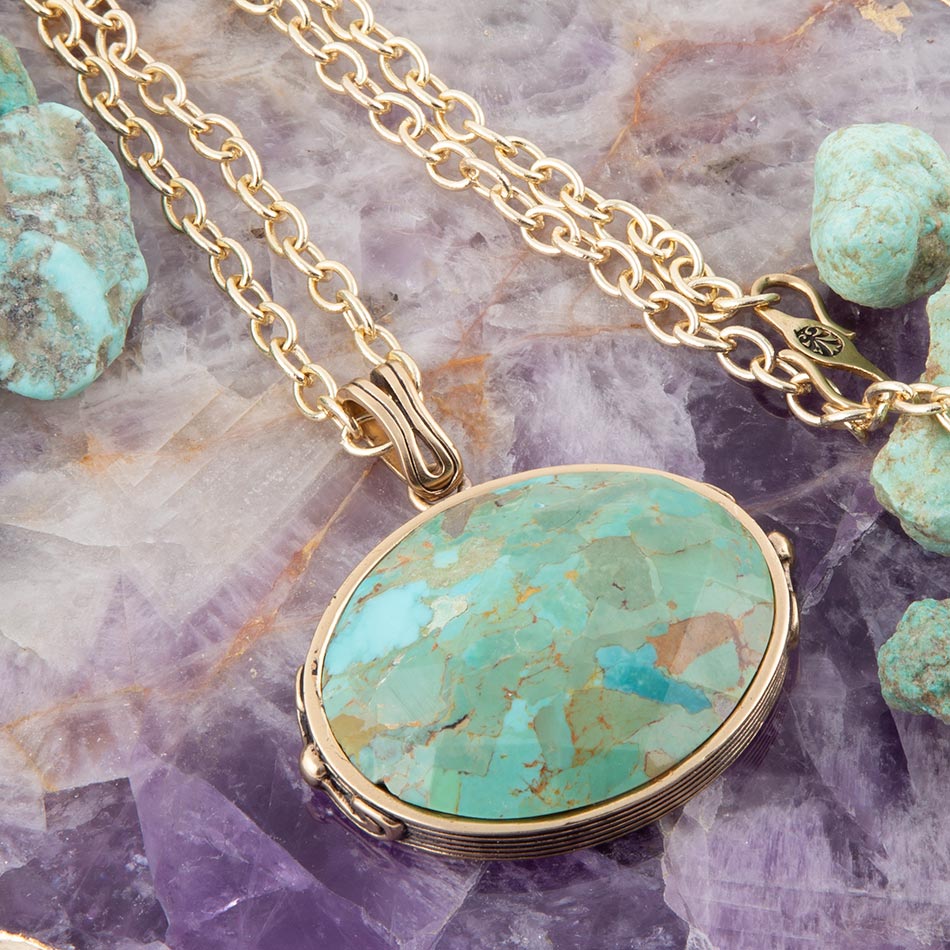 Blue Turquoise Long Golden Chain Necklace | Necklaces | Wiccan Center