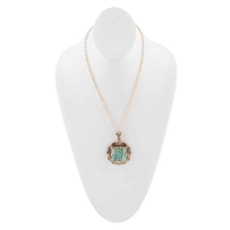 Blue Turquoise Square Golden Pendant Necklace | Necklaces | Wiccan Center