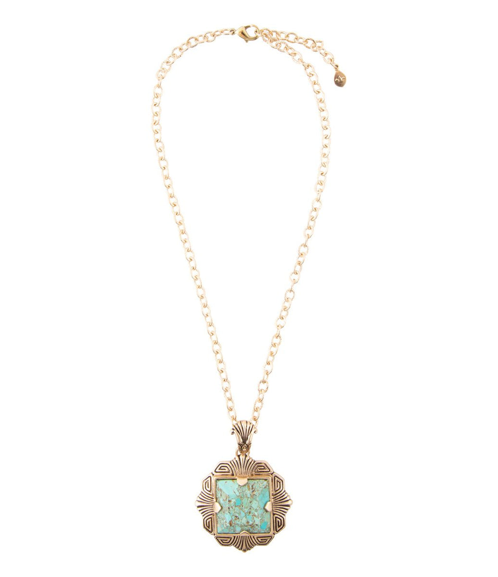 Blue Turquoise Square Golden Pendant Necklace | Necklaces | Wiccan Center