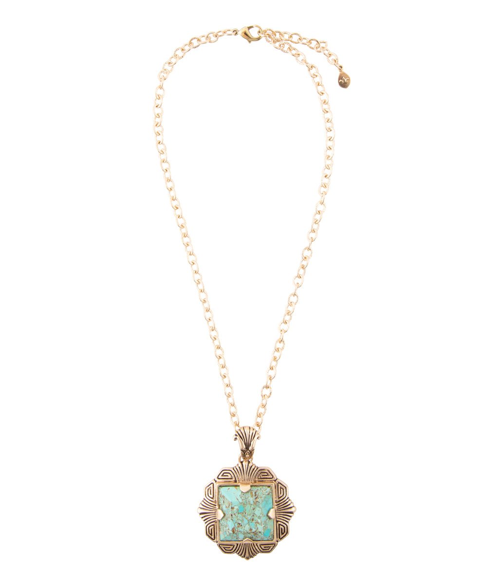 Blue Turquoise Square Golden Pendant Necklace | Necklaces | Wiccan Center