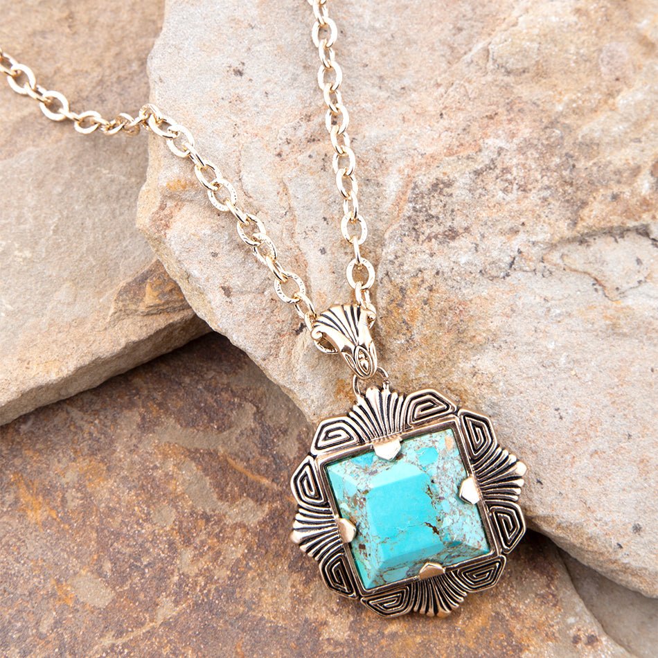 Blue Turquoise Square Golden Pendant Necklace | Necklaces | Wiccan Center