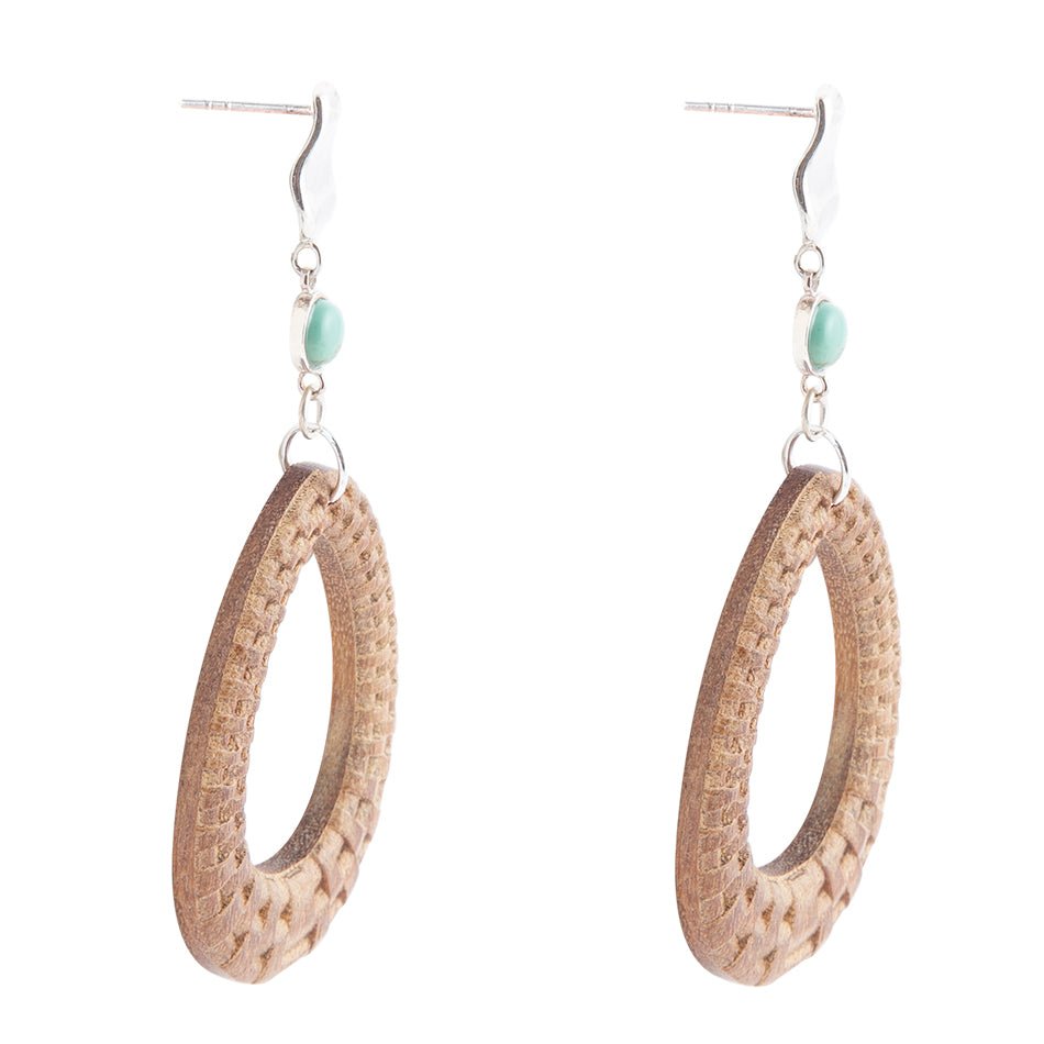 Blue Turquoise Top Carved Wood Sterling Silver Earrings | Earrings | Wiccan Center