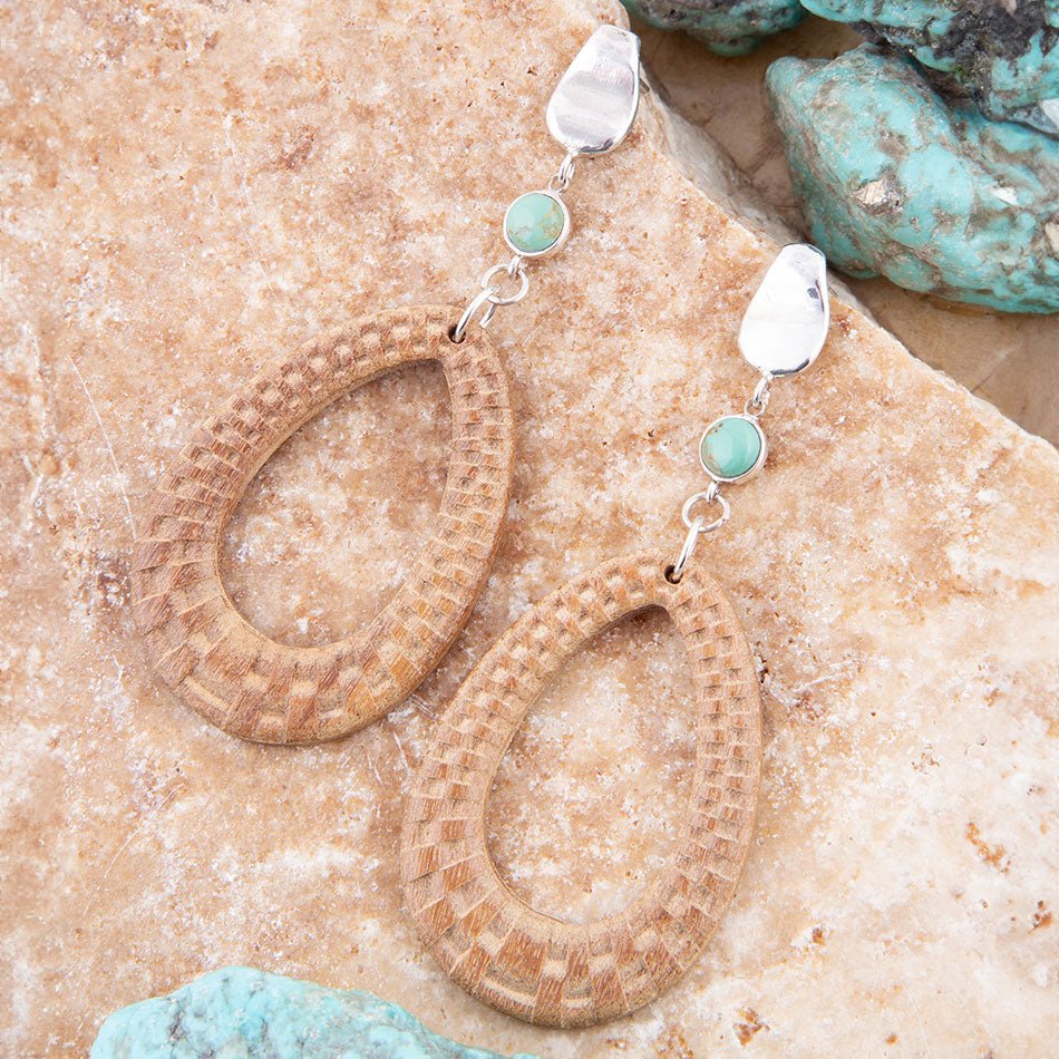 Blue Turquoise Top Carved Wood Sterling Silver Earrings | Earrings | Wiccan Center