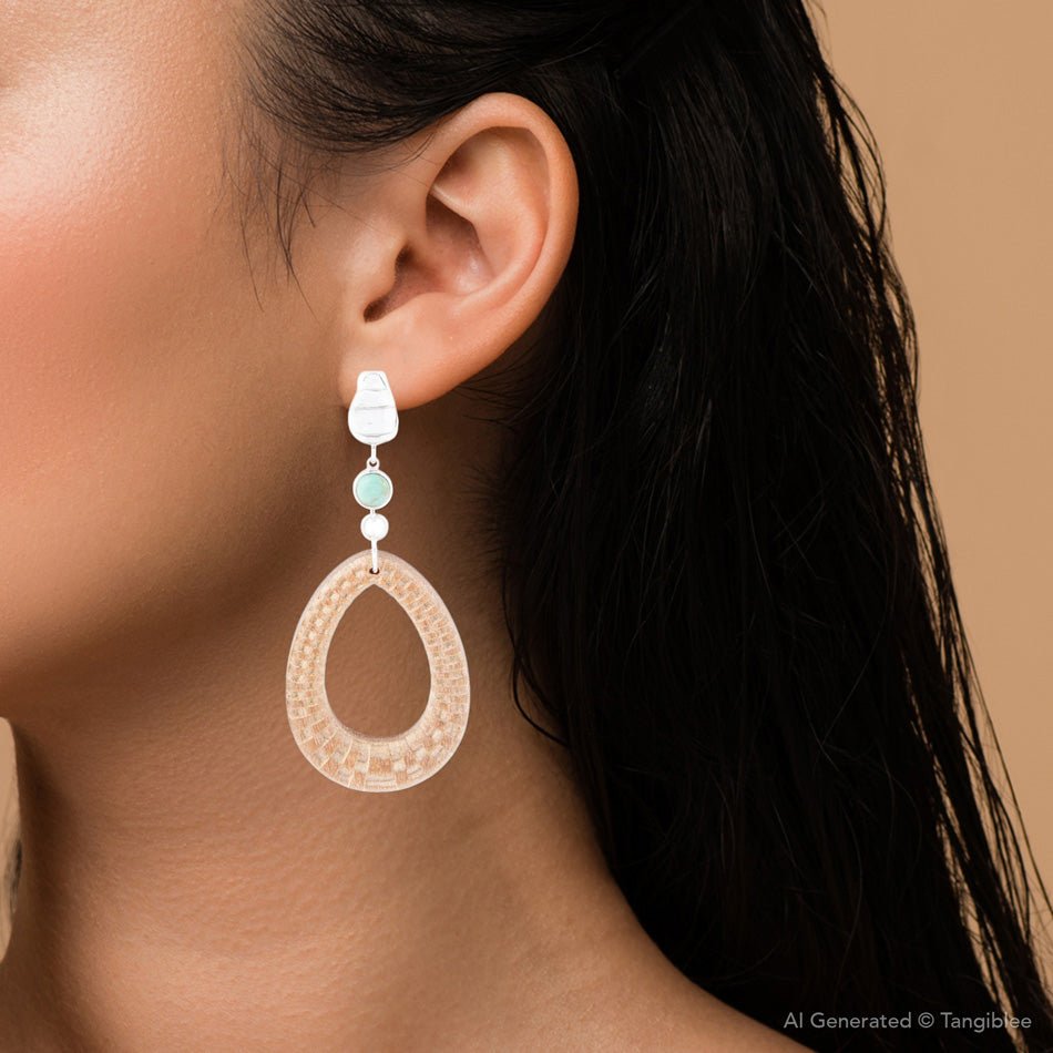 Blue Turquoise Top Carved Wood Sterling Silver Earrings | Earrings | Wiccan Center
