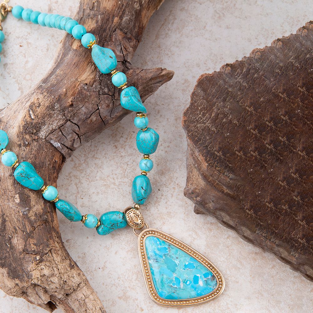 Blue Turquoise Triangle Golden Pendant Necklace | Necklaces | Wiccan Center