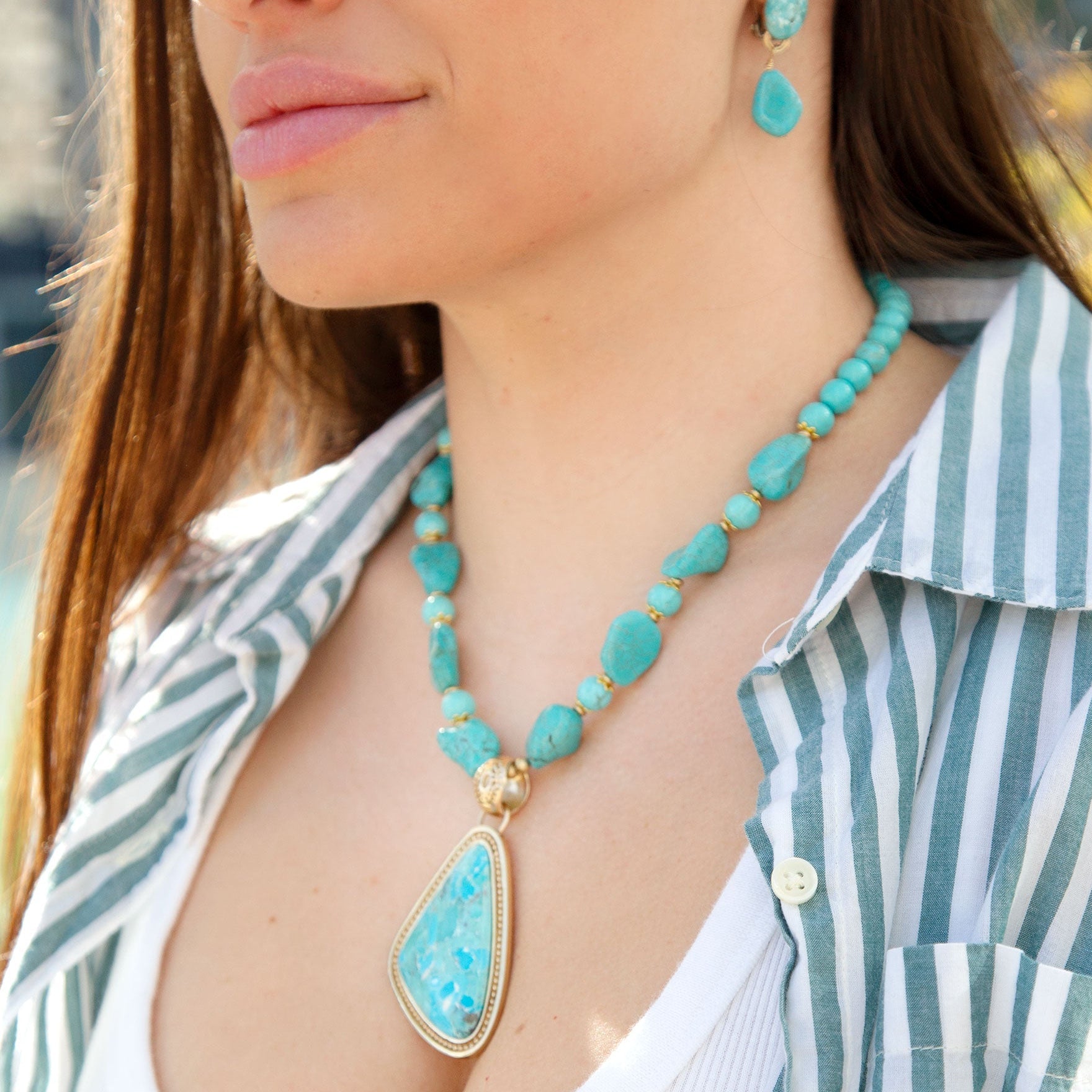Blue Turquoise Triangle Golden Pendant Necklace | Necklaces | Wiccan Center