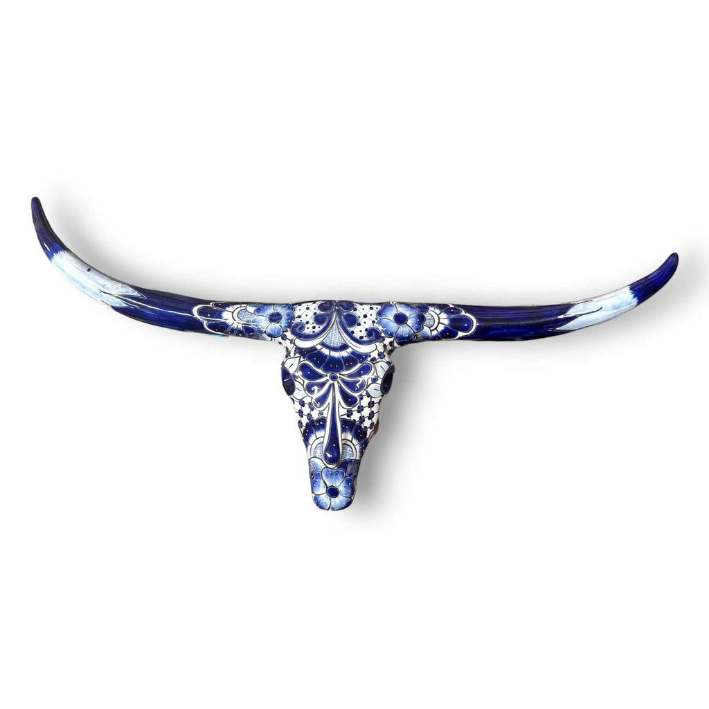 Talavera Longhorn Skull | Blue & White Mexican Wall Art | Talavera Wall Art | Wiccan Center