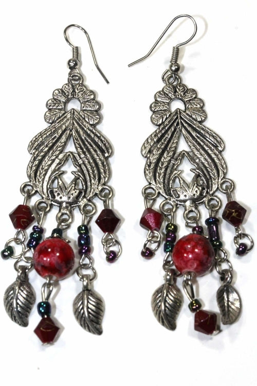 Bohemian Marbled Bead Dangle Earrings With Leaf Charms | Earrings | Wiccan Center