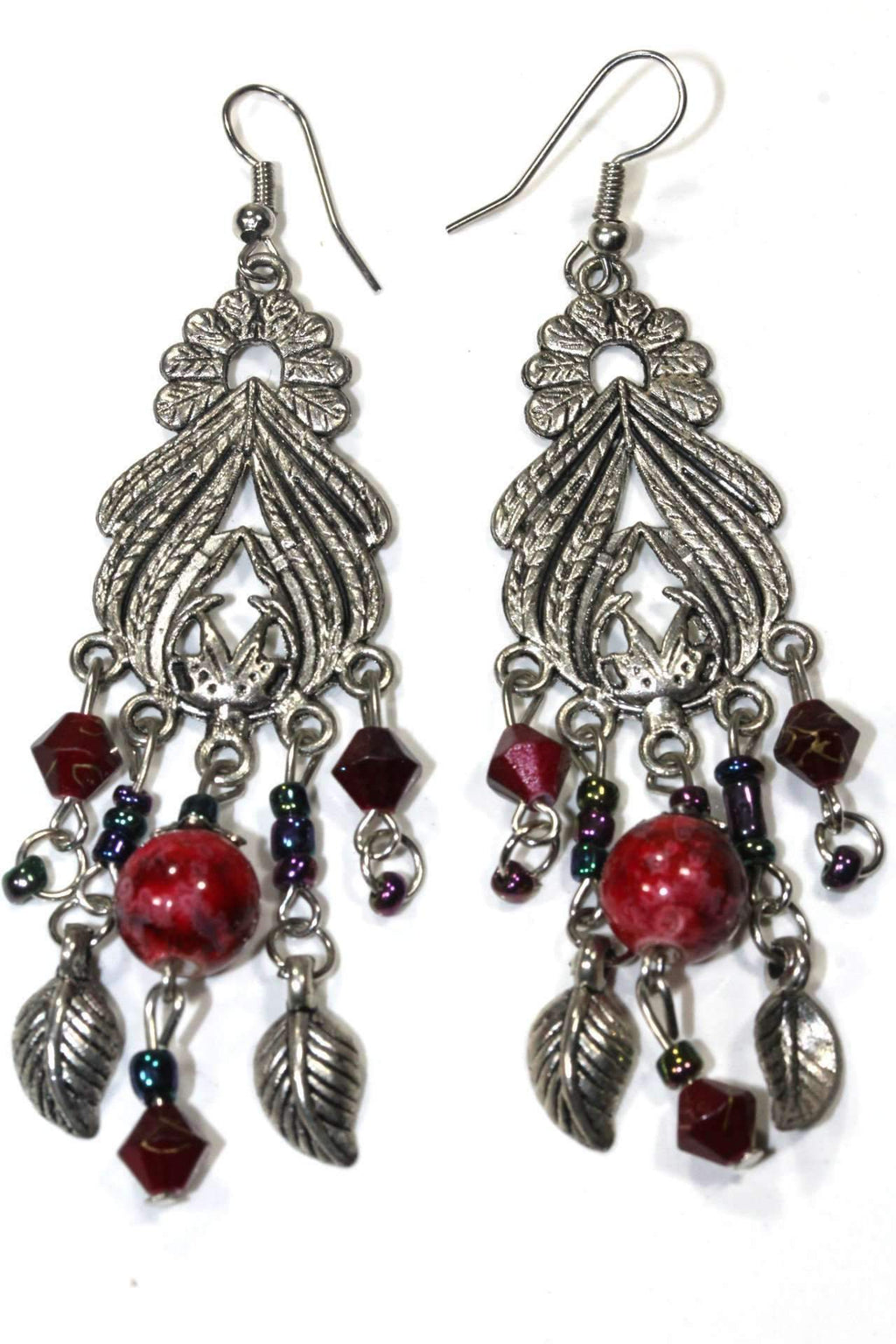 Bohemian Marbled Bead Dangle Earrings With Leaf Charms | Earrings | Wiccan Center