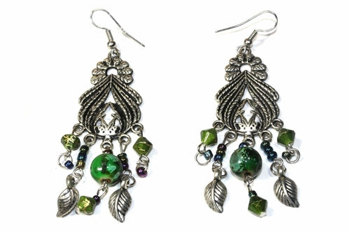 Bohemian Marbled Bead Dangle Earrings With Leaf Charms | Earrings | Wiccan Center