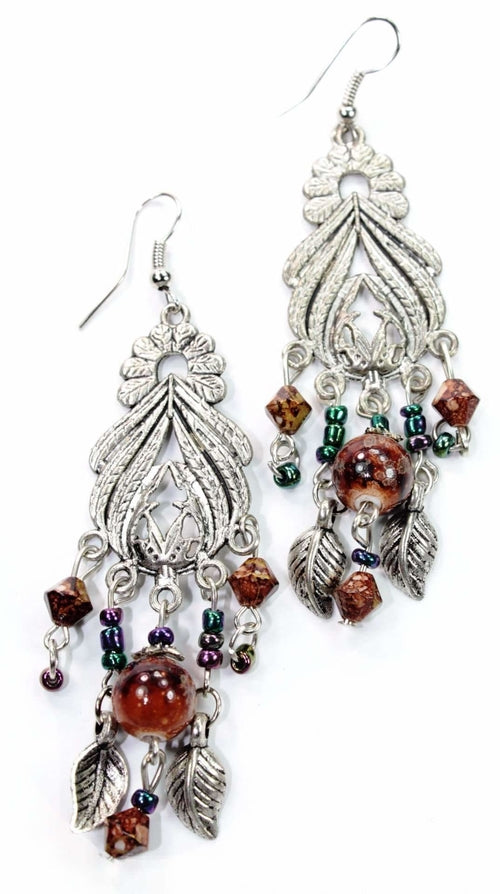 Bohemian Marbled Bead Dangle Earrings With Leaf Charms | Earrings | Wiccan Center