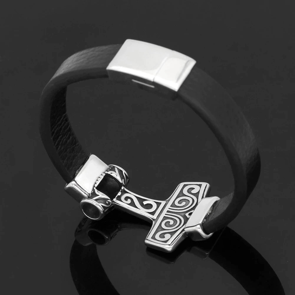 Vikings Mjolnir Stainless Steel Real Leather Bracelet | Bracelets | Wiccan Center