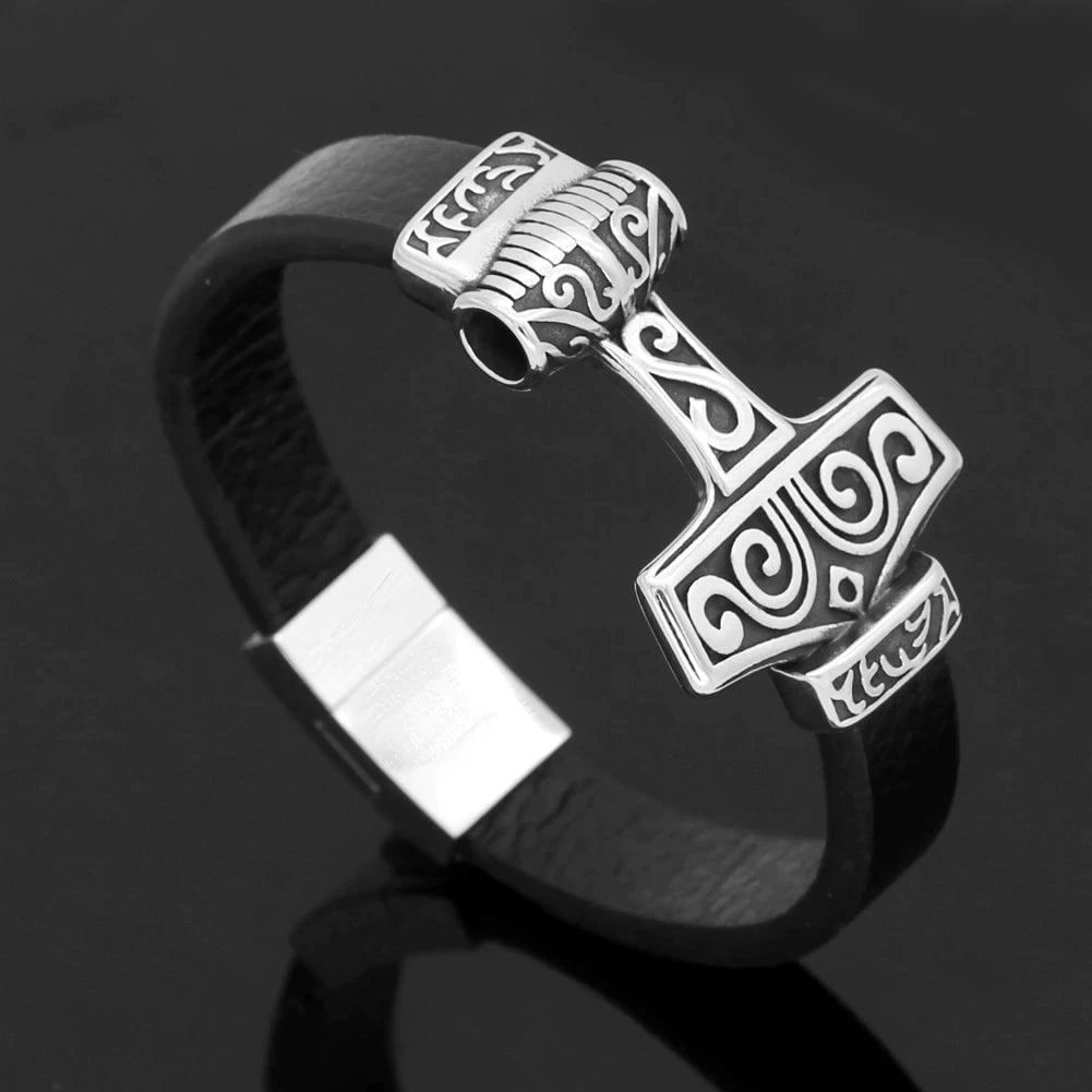 Vikings Mjolnir Stainless Steel Real Leather Bracelet | Bracelets | Wiccan Center