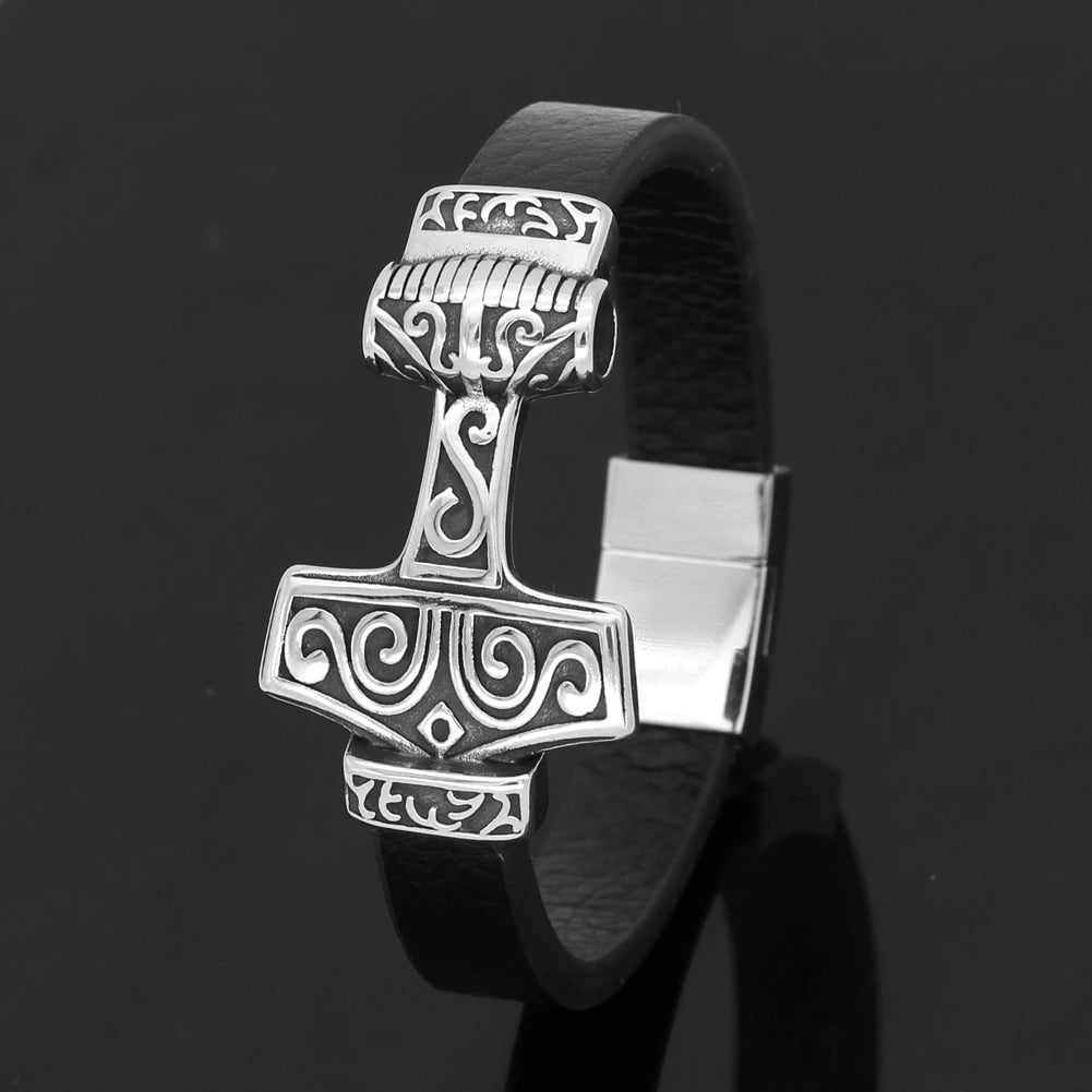 Vikings Mjolnir Stainless Steel Real Leather Bracelet | Bracelets | Wiccan Center