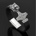 Vikings Wolf Head in Mjolnir Leather Bracelet | Bracelets | Wiccan Center