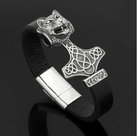 Vikings Wolf Head in Mjolnir Leather Bracelet | Bracelets | Wiccan Center