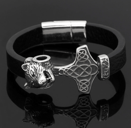 Vikings Wolf Head in Mjolnir Leather Bracelet | Bracelets | Wiccan Center