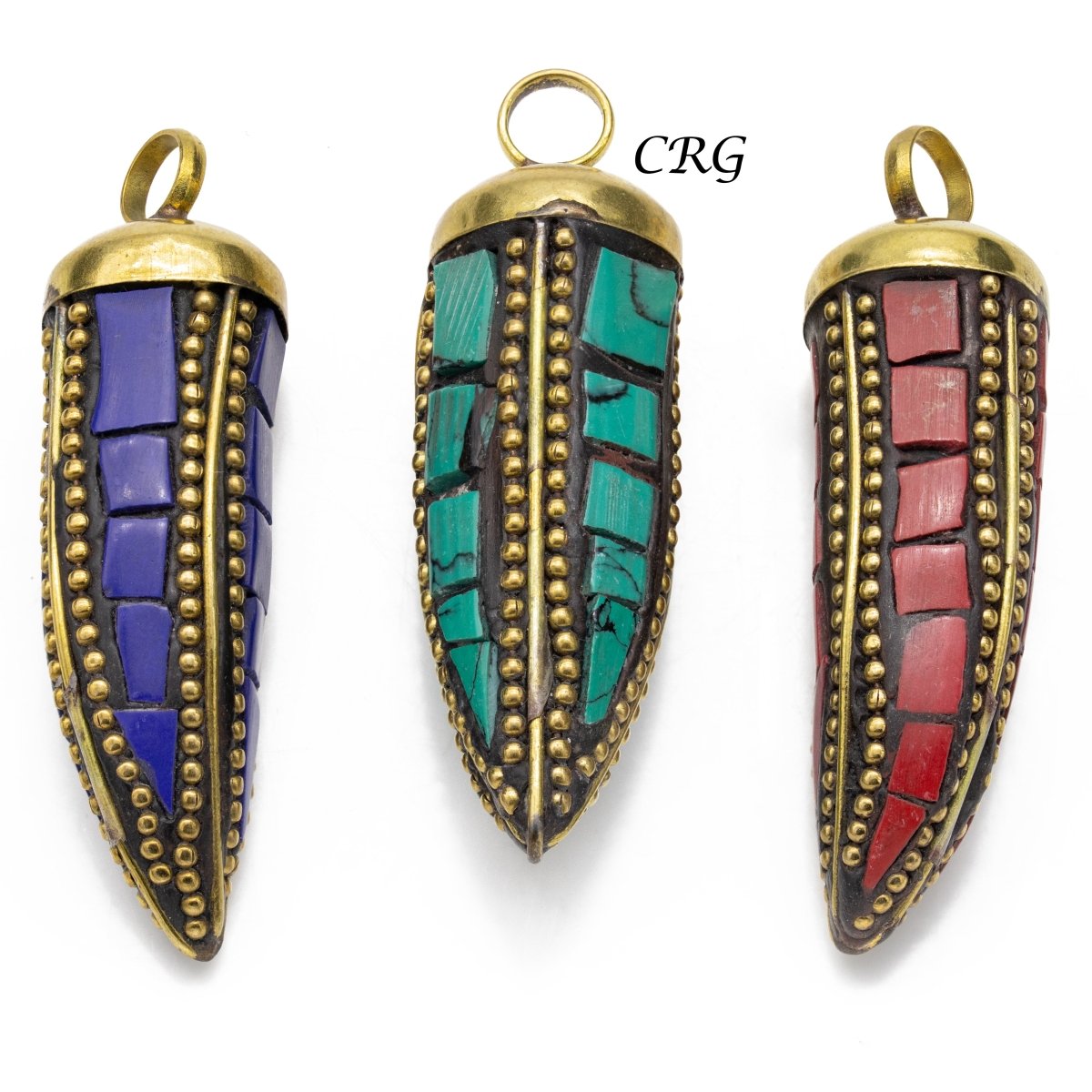 Brass Horn Pendant with Assorted Color Inlay (2 Inches) (1 Piece)