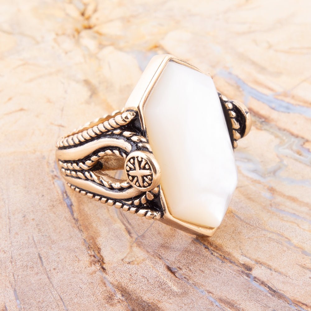 Golden Bronze White Mother of Pearl Ring | Rings | Wiccan Center