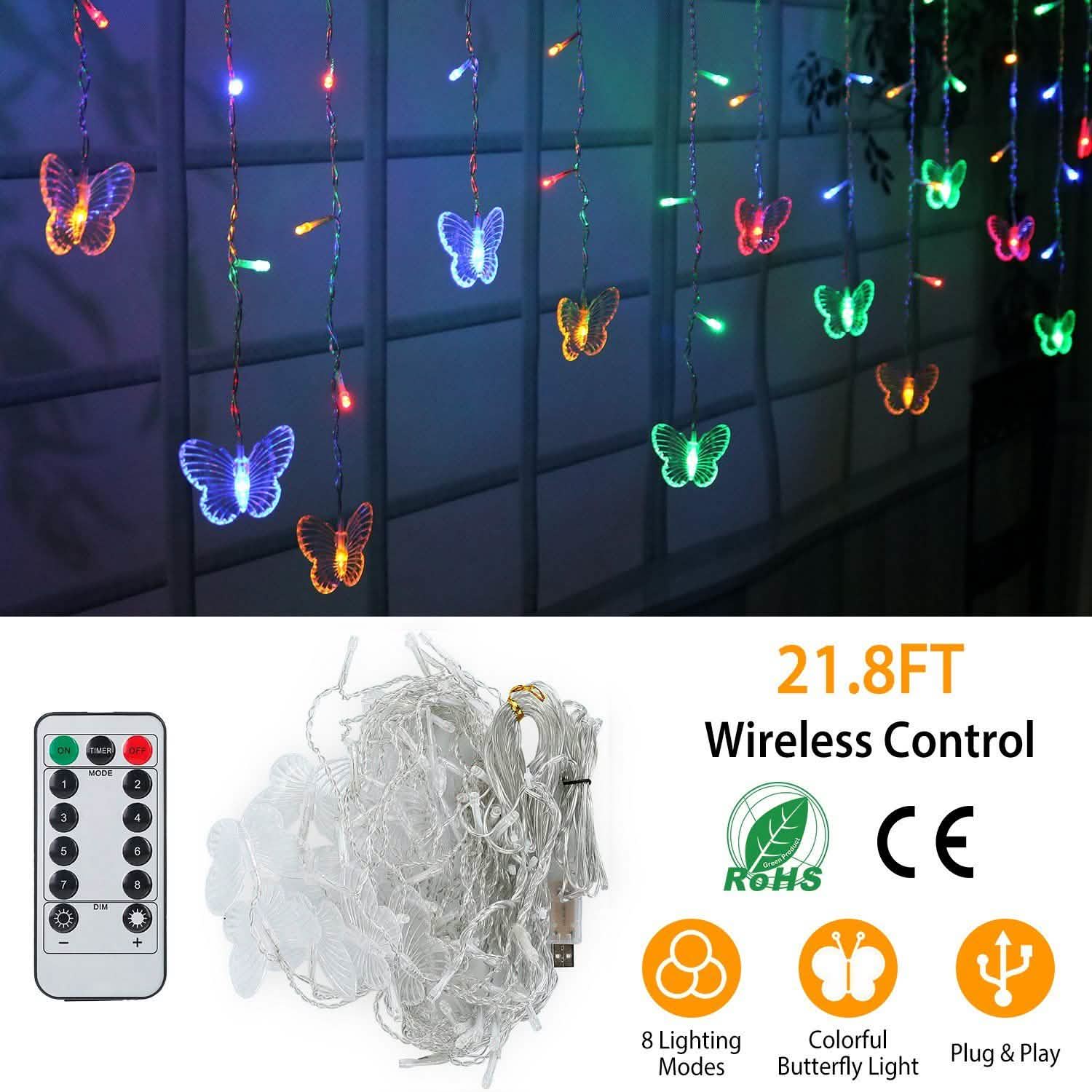 Butterfly Curtain String Lights USB Powered with 8 Modes 96 LED Remote Control | String & Fairy Lights | Wiccan Center