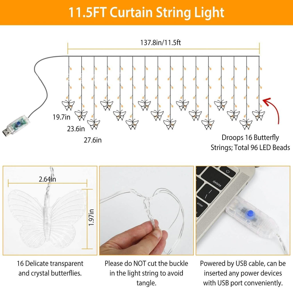 Butterfly Curtain String Lights USB Powered with 8 Modes 96 LED Remote Control | String & Fairy Lights | Wiccan Center