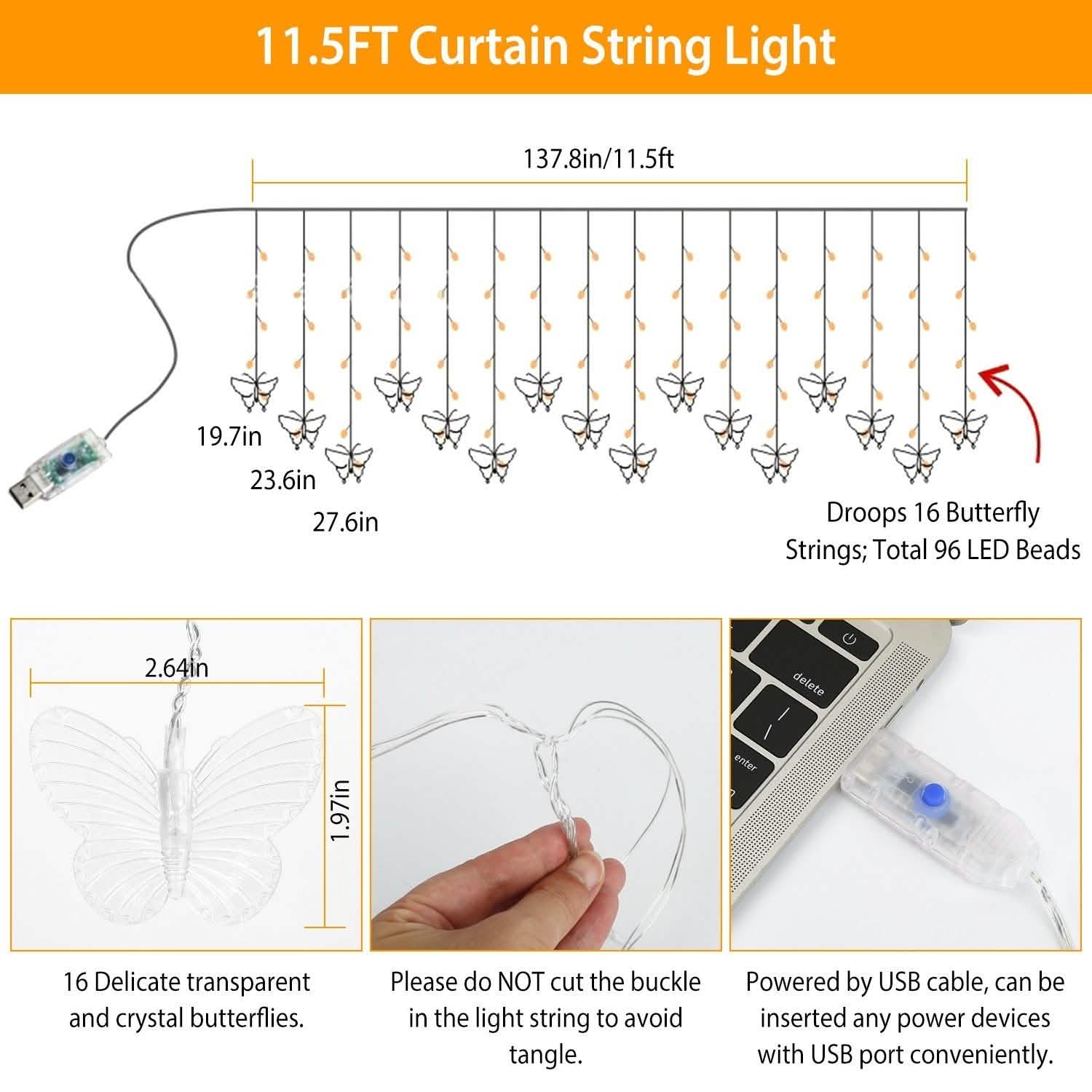 Butterfly Curtain String Lights USB Powered with 8 Modes 96 LED Remote Control | String & Fairy Lights | Wiccan Center